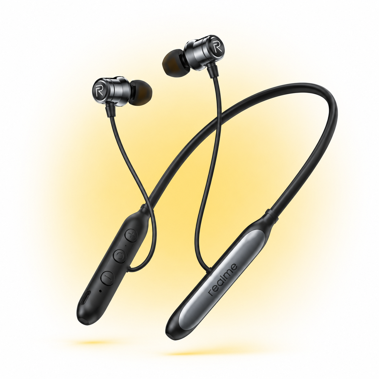 Realme Buds Wireless HORSE Bluetooth neckband with magnetic earbuds, inline controls, Type-C charging, and premium black finish.