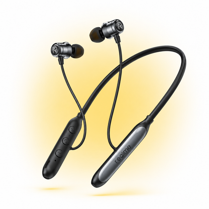 Realme Buds Wireless HORSE Bluetooth neckband with magnetic earbuds, inline controls, Type-C charging, and premium black finish.