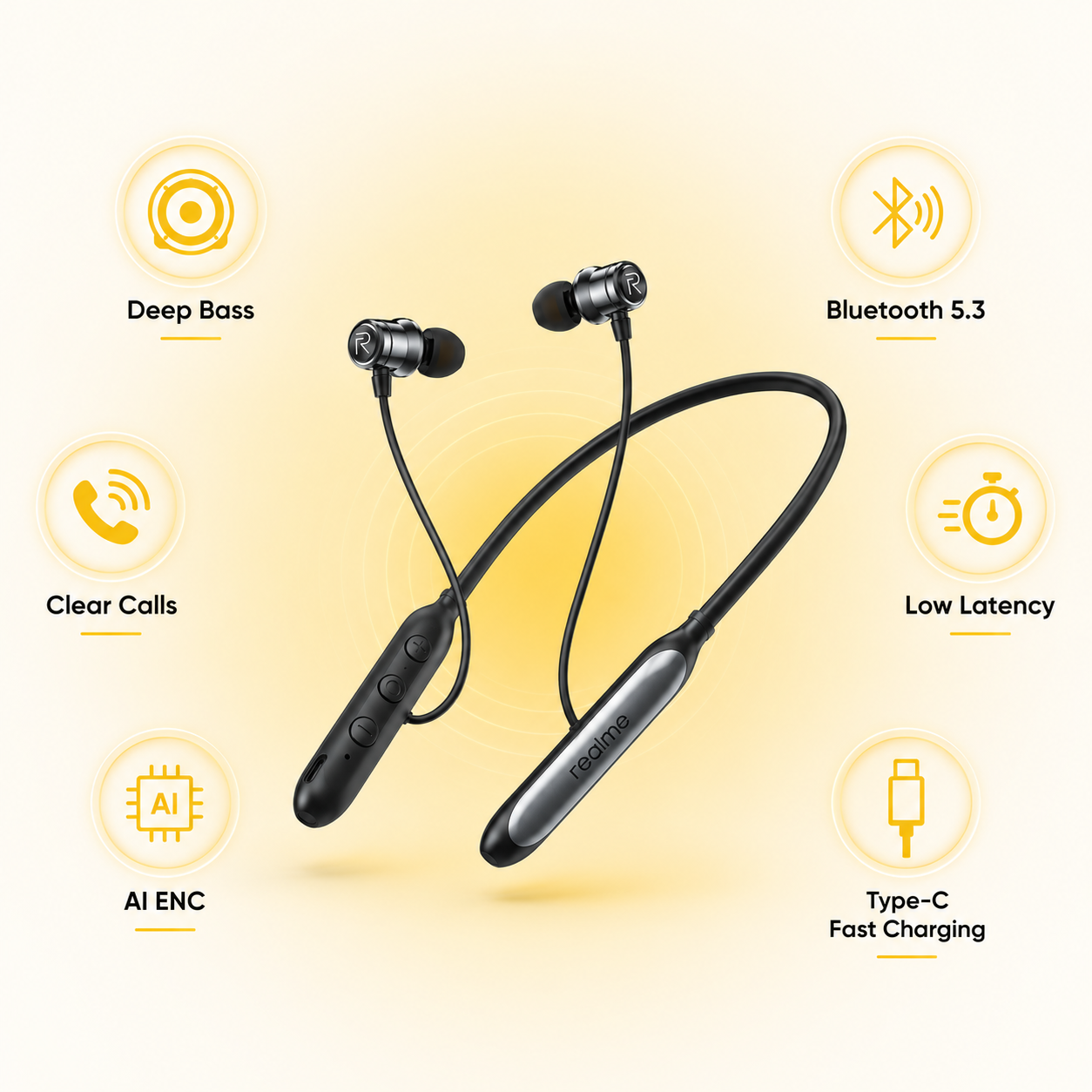 Realme Buds Wireless HORSE Bluetooth neckband with Deep Bass, Bluetooth 5.3, AI ENC, low latency, and Type-C fast charging.