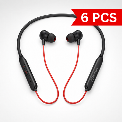 Premium wireless Bluetooth neckband earphones with black neckband, red cables, magnetic in-ear earbuds and inline controls displayed