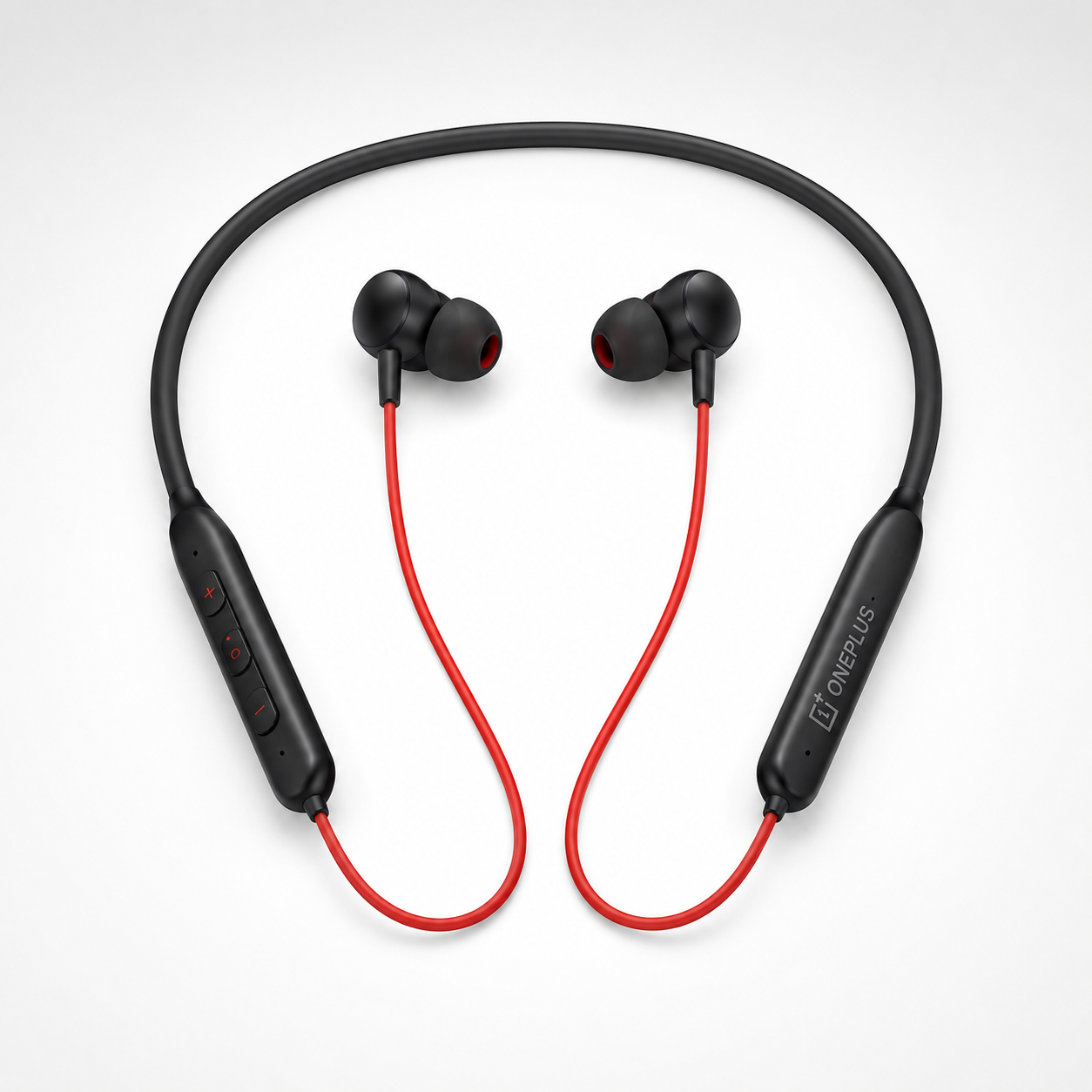 Premium wireless Bluetooth neckband earphones with black neckband, red cables, magnetic in-ear earbuds and inline controls displayed