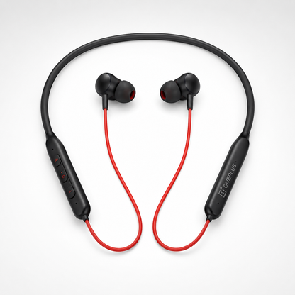 Premium wireless Bluetooth neckband earphones with black neckband, red cables, magnetic in-ear earbuds and inline controls displayed
