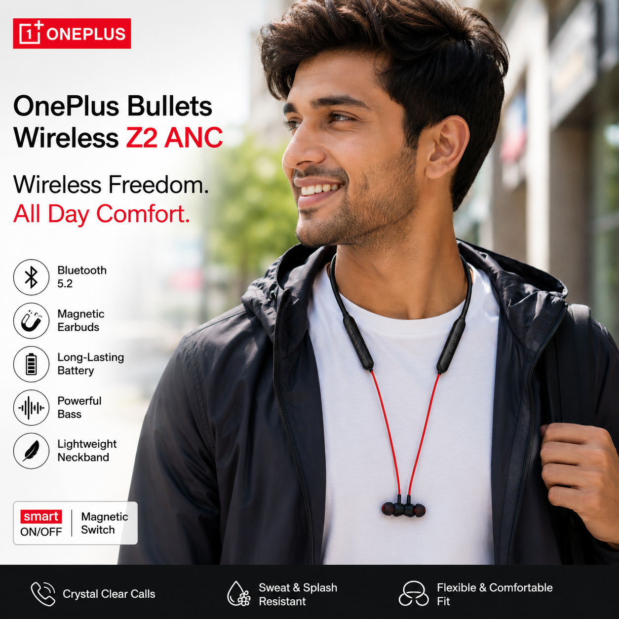 Wireless ANC Bluetooth neckband earphones worn by a smiling man outdoors, featuring magnetic earbuds, lightweight ergonomic design, Bluetooth 5.2 connectivity and all-day comfort for music and calls.