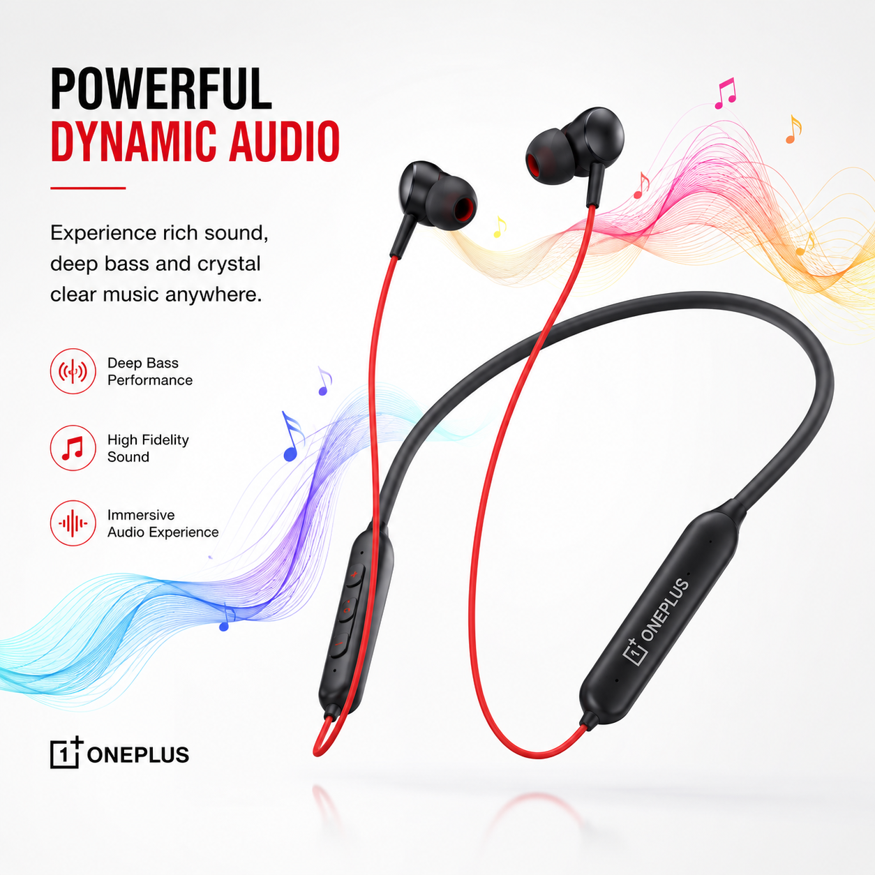 Wireless Bluetooth neckband earphones showcasing powerful dynamic audio, deep bass performance, high-fidelity sound and immersive music experience with colorful sound wave graphics.