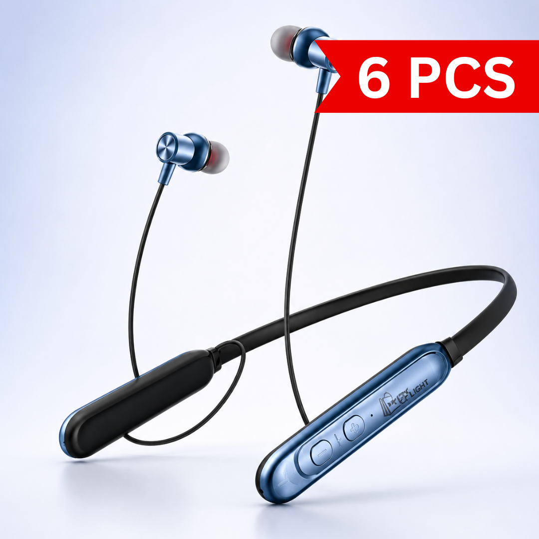 Premium wireless Bluetooth neckband earphones with metallic blue magnetic earbuds, flexible neckband, in-line controls and ergonomic in-ear design