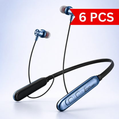 Premium wireless Bluetooth neckband earphones with metallic blue magnetic earbuds, flexible neckband, in-line controls and ergonomic in-ear design