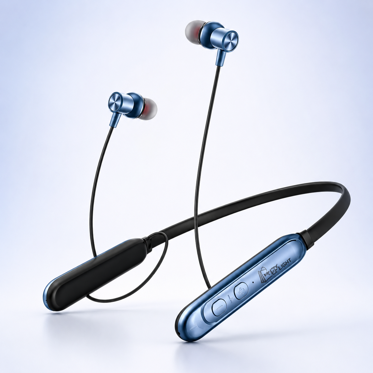 Premium wireless Bluetooth neckband earphones with metallic blue magnetic earbuds, flexible neckband, in-line controls and ergonomic in-ear design