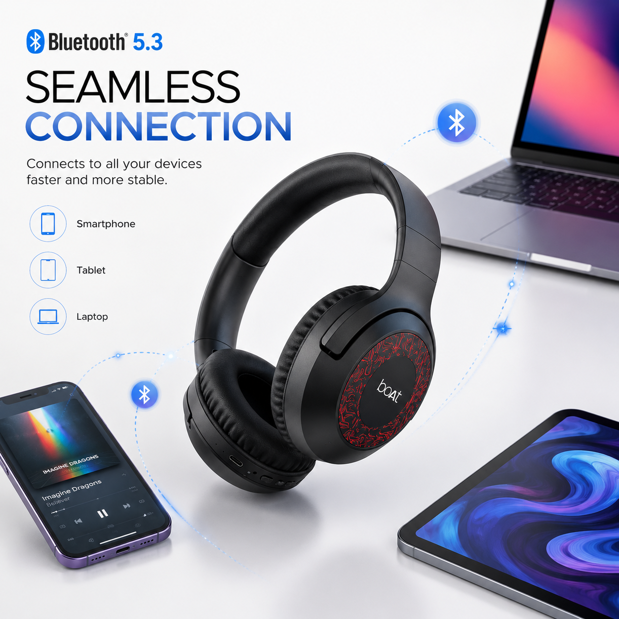 Wireless over-ear Bluetooth 5.3 headphones with seamless multi-device connectivity, shown connected to a smartphone, tablet and laptop for fast, stable wireless audio streaming.