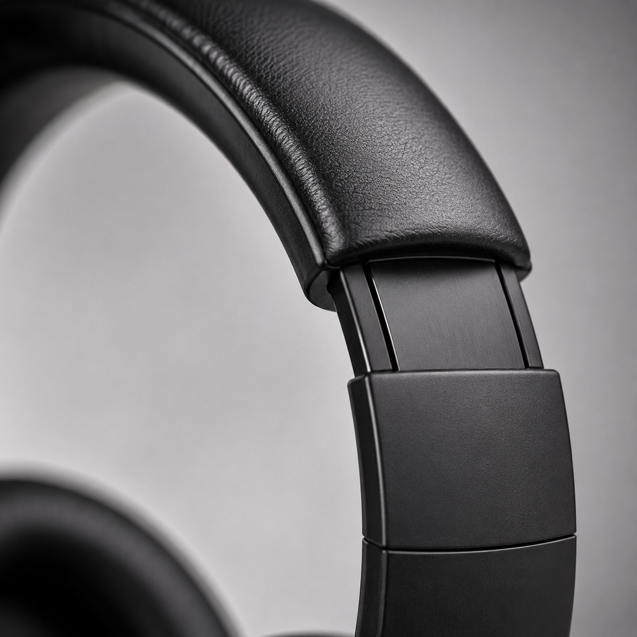 Extreme close-up of the adjustable padded headband on wireless over-ear Bluetooth headphones, highlighting the cushioned comfort, durable extension mechanism and premium matte black finish.