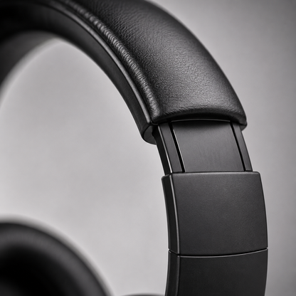 Extreme close-up of the adjustable padded headband on wireless over-ear Bluetooth headphones, highlighting the cushioned comfort, durable extension mechanism and premium matte black finish.
