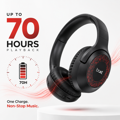 Wireless over-ear Bluetooth headphones showcasing up to 70 hours of battery life, featuring long-lasting playback, USB charging and comfortable ear cushions