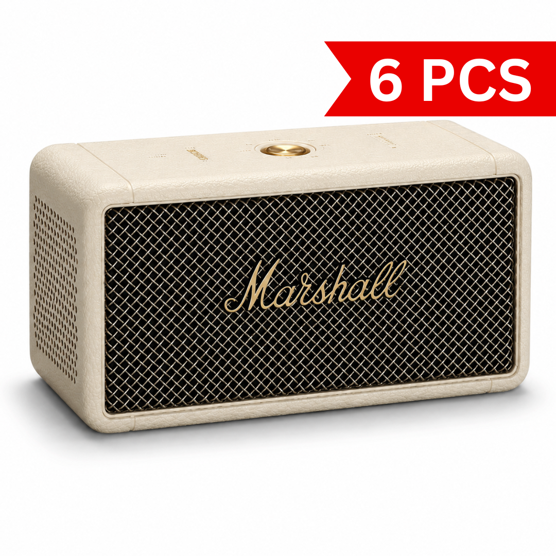 Cream retro portable Bluetooth speaker featuring a textured leather-look finish, black metal grille, gold logo badge and minimalist top controls