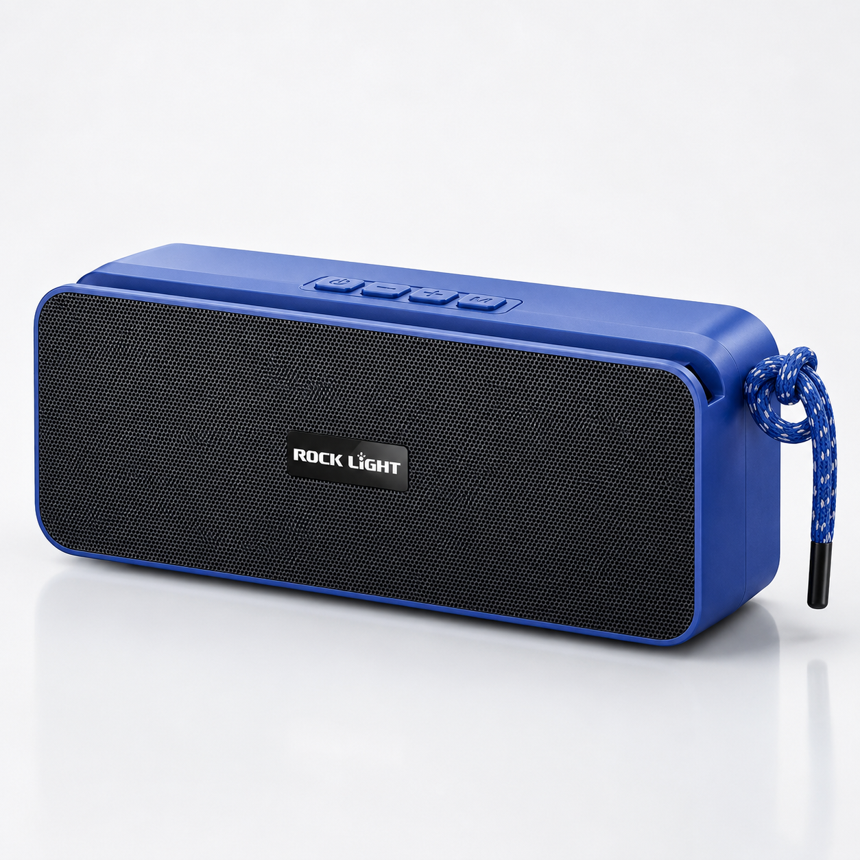 Blue portable Bluetooth speaker with front metal grille, onboard control buttons, rechargeable battery, and compact travel-friendly design.