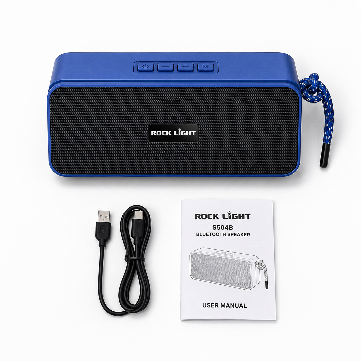 Portable wireless Bluetooth speaker with 10W sound output, top-mounted controls, fabric carry loop, rechargeable battery, and compact rectangular design.