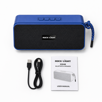 Portable wireless Bluetooth speaker with 10W sound output, top-mounted controls, fabric carry loop, rechargeable battery, and compact rectangular design.