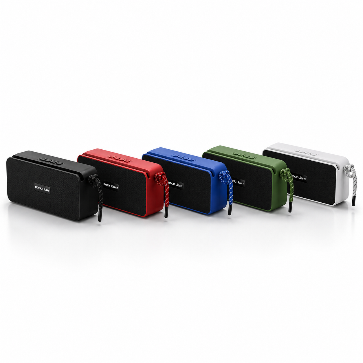Rock Light S504B portable Bluetooth speaker available in black, red, blue, green, and white colors, featuring 10W output, rechargeable battery, wireless connectivity, and carry cord.