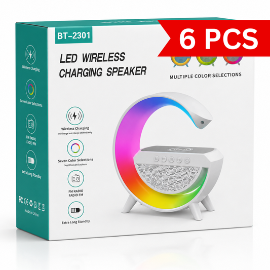 Retail packaging of the LED wireless charging Bluetooth speaker featuring RGB ambient lighting, wireless charging, FM radio, seven colour lighting modes, and Bluetooth audio playback.