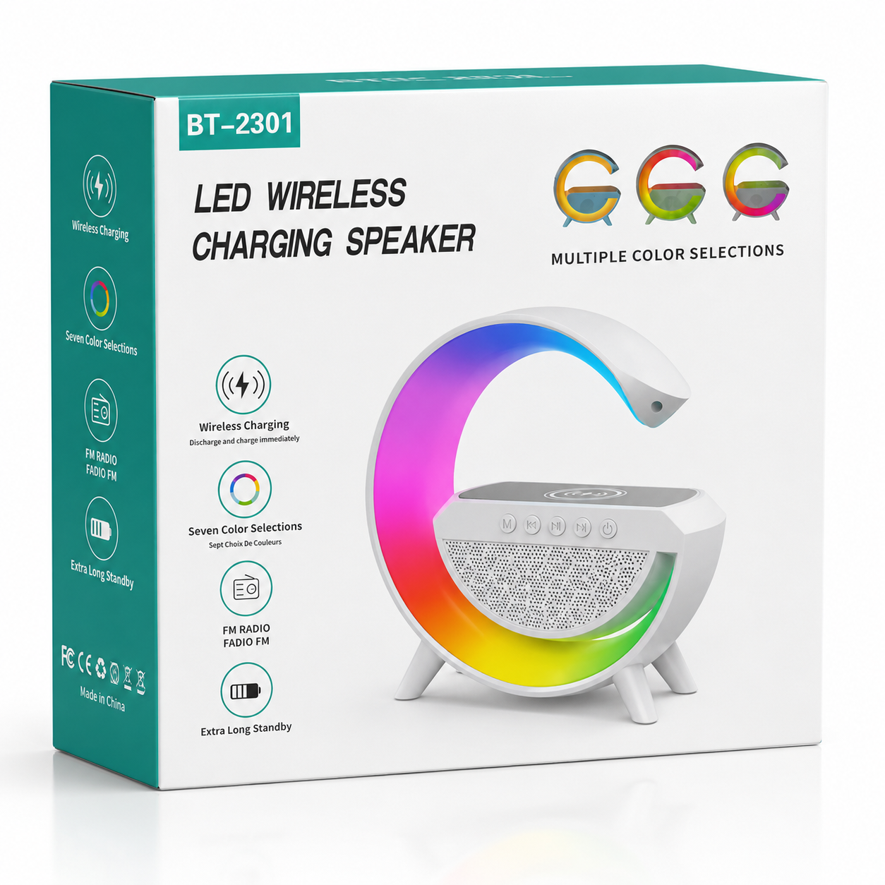Retail packaging of the LED wireless charging Bluetooth speaker featuring RGB ambient lighting, wireless charging, FM radio, seven colour lighting modes, and Bluetooth audio playback.