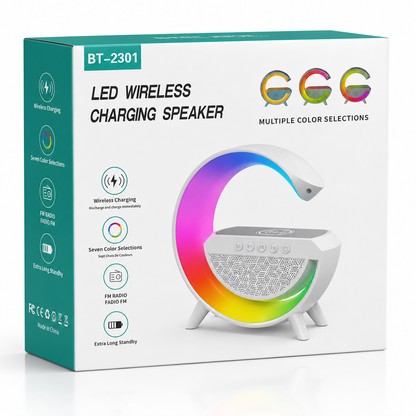 Retail packaging of the LED wireless charging Bluetooth speaker featuring RGB ambient lighting, wireless charging, FM radio, seven colour lighting modes, and Bluetooth audio playback.