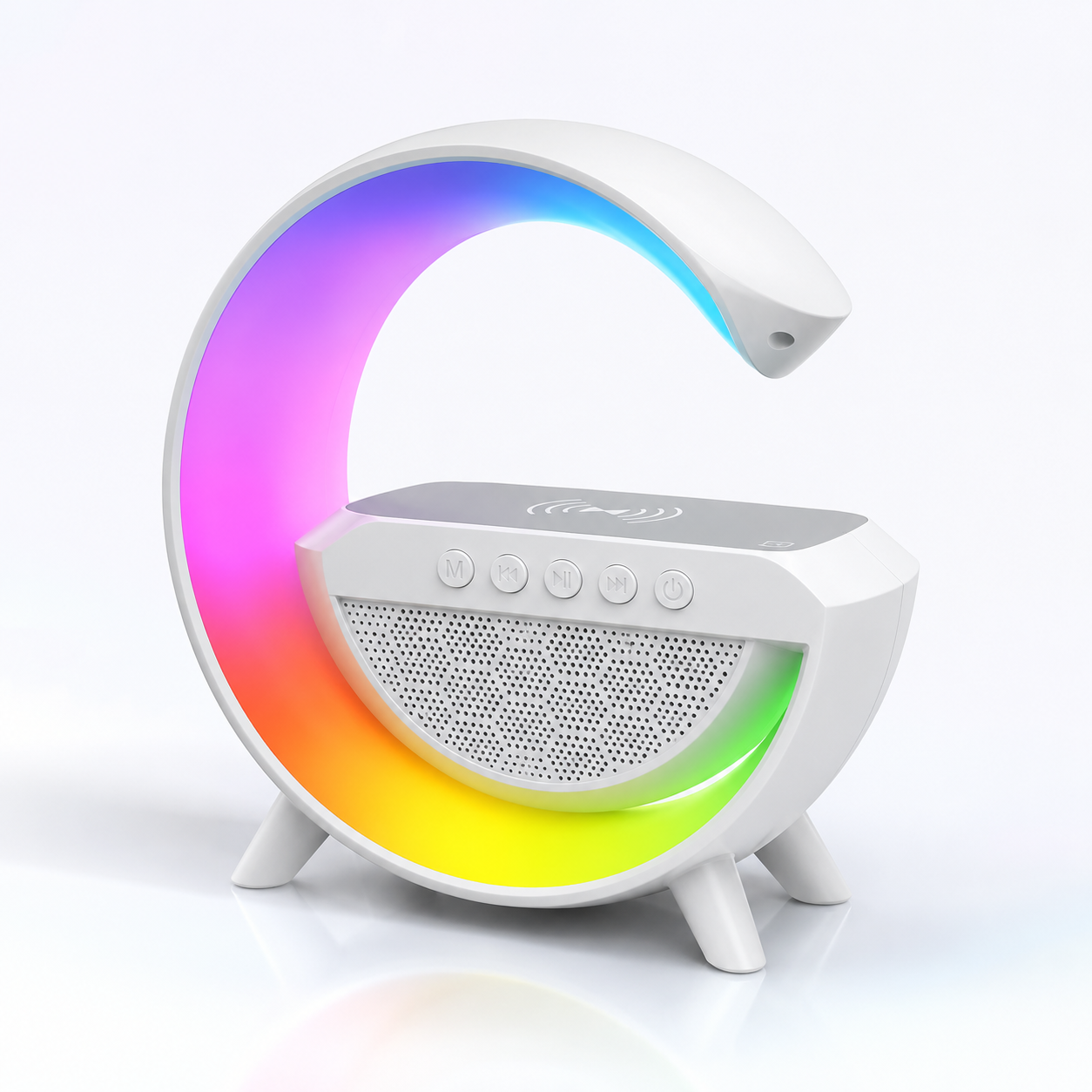 Modern LED wireless charging Bluetooth speaker with colourful RGB ambient lighting, wireless phone charging pad, FM radio, and tabletop G-shaped design