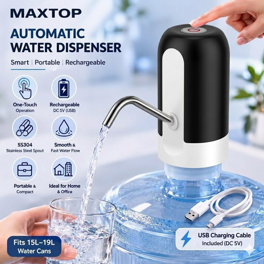 Electric Bottle Water Pump Dispenser One Touch USB in use – rechargeable automatic water dispenser pouring water into glass from 20L bottle