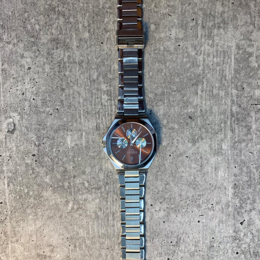 Brown Dial Steel Chronograph Watch stainless steel bracelet with brown sunburst dial and sub-dials.