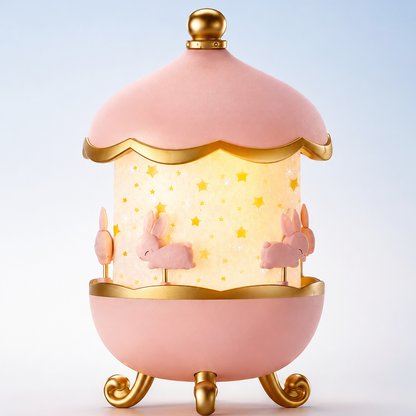 Bunny Carousel Music Night Lamp Projector in pink and gold finish with glowing star pattern shade and decorative bunny carousel design