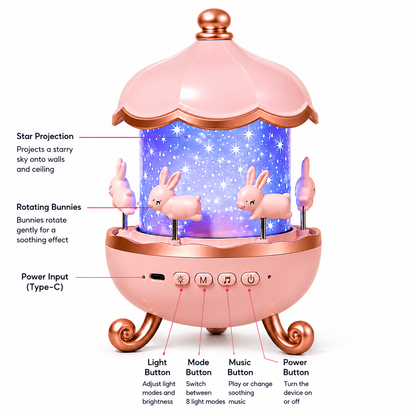 Bunny Carousel Music Night Lamp Projector with star projection, rotating bunny carousel, Type-C charging and multiple light modes for kids bedroom