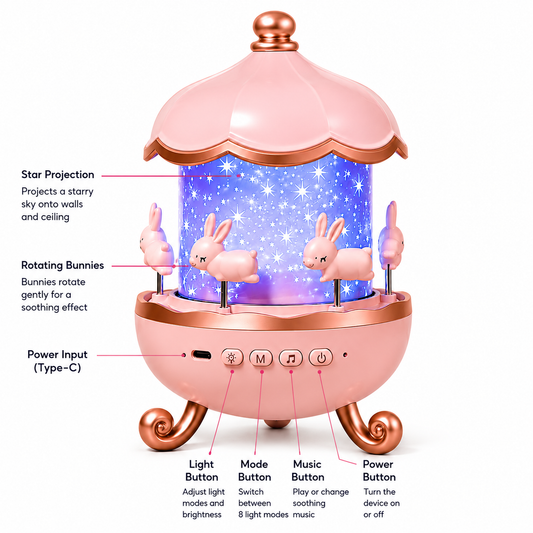 Bunny Carousel Music Night Lamp Projector with star projection, rotating bunny carousel, Type-C charging and multiple light modes for kids bedroom