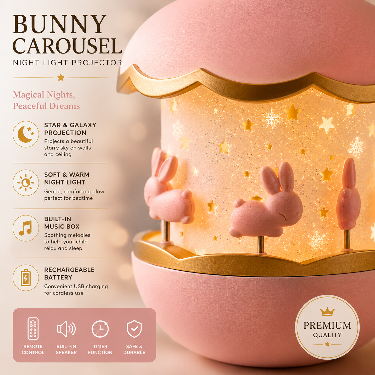 Bunny Carousel Music Night Lamp Projector with starry sky projection, warm LED glow, rechargeable battery, remote control and built-in music box for kids bedroom decor
