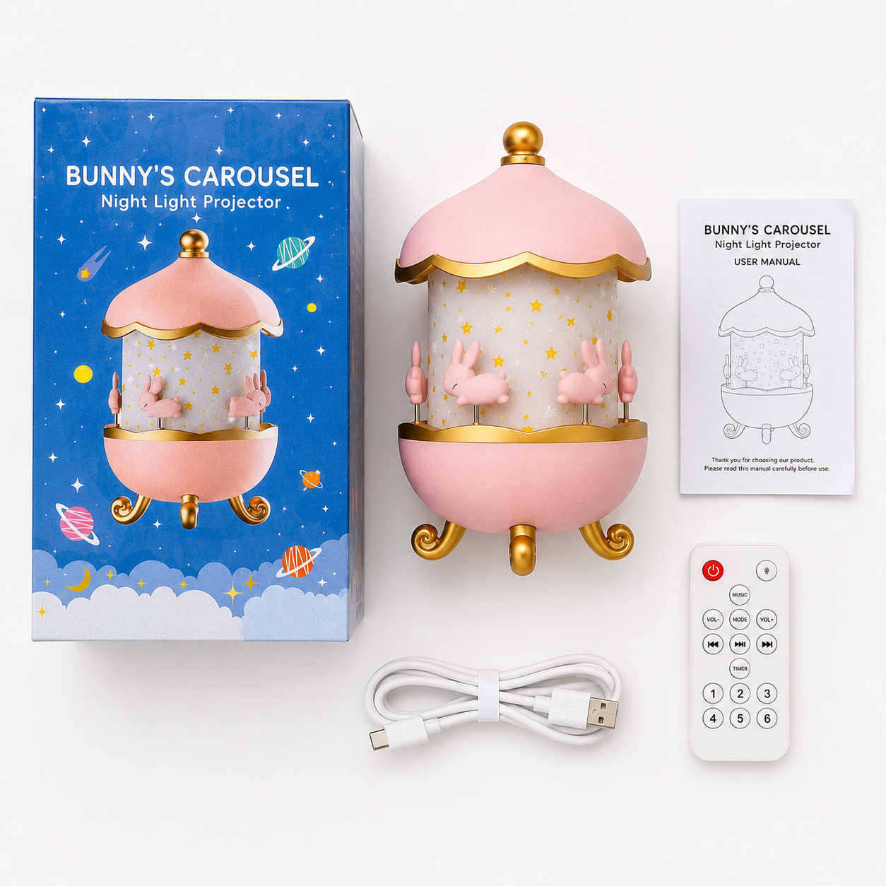 Bunny Carousel Music Night Lamp Projector with retail box, USB charging cable, remote control and user manual included