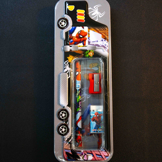 Bus themed kids pencil box with pencil ruler sharpener and eraser colourful school stationery organizer