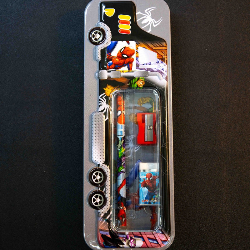 Bus themed kids pencil box with pencil ruler sharpener and eraser colourful school stationery organizer