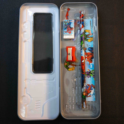 Kids bus shape pencil box with stationery kit open view including pencil ruler eraser and sharpener for school kids