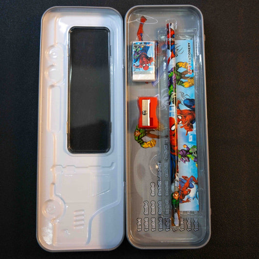 Kids bus shape pencil box with stationery kit open view including pencil ruler eraser and sharpener for school kids