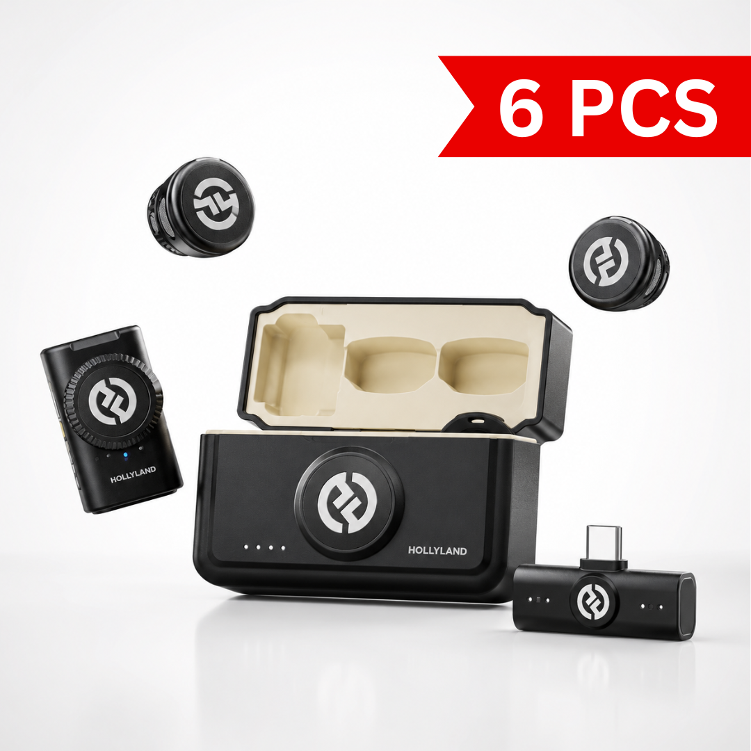 Wireless lavalier microphone kit featuring charging case, compact transmitters, receiver, and USB-C adapter, designed for mobile content creation, vlogging, livestreaming, and professional audio recording.