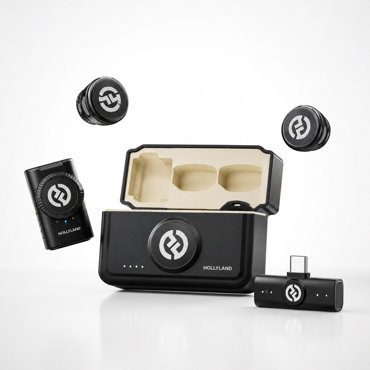 Wireless lavalier microphone kit featuring charging case, compact transmitters, receiver, and USB-C adapter, designed for mobile content creation, vlogging, livestreaming, and professional audio recording.