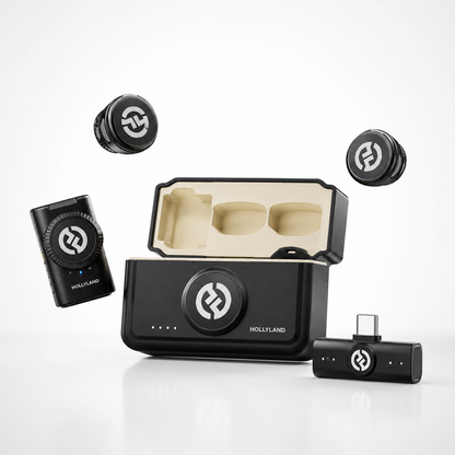 Wireless lavalier microphone kit featuring charging case, compact transmitters, receiver, and USB-C adapter, designed for mobile content creation, vlogging, livestreaming, and professional audio recording.