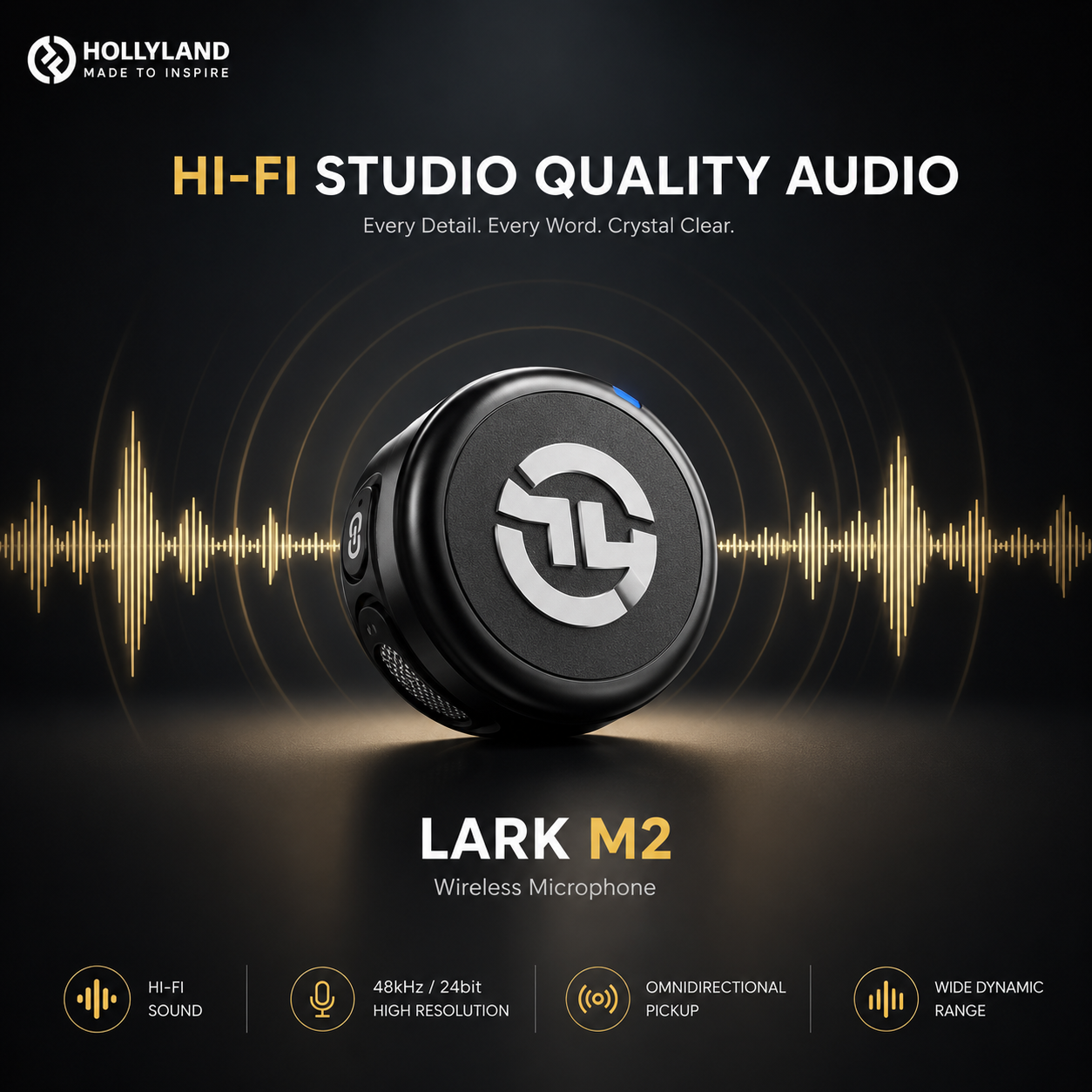 Compact wireless lavalier microphone transmitter with premium black finish, surrounded by sound wave graphics highlighting Hi-Fi studio-quality audio, 48kHz/24-bit recording, omnidirectional pickup, and wide dynamic range.