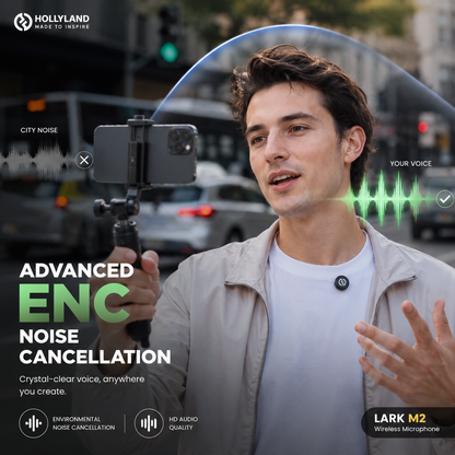 Content creator recording outdoors using a wireless clip-on microphone with advanced ENC noise cancellation, reducing city noise for clear voice capture during vlogging, interviews, and video recording.