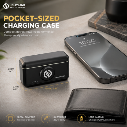 Portable wireless microphone charging case beside a smartphone and wallet, showcasing compact pocket-sized design for easy travel, storage, and on-the-go content creation.