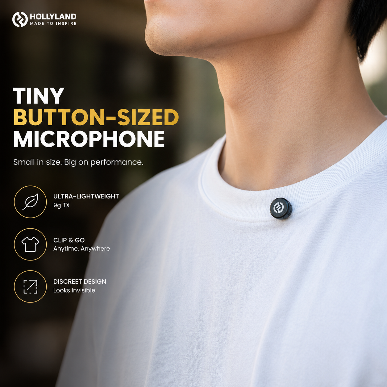 Ultra-compact button-sized wireless microphone clipped to a t-shirt collar, lightweight and discreet design for creators, vloggers, presenters, and mobile video recording.