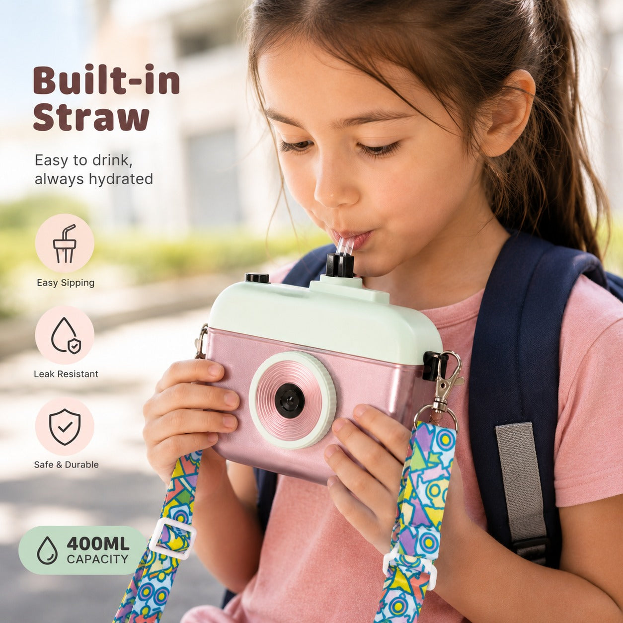 Cute Kids Camera Water Bottle with Straw Leak Resistant School Travel Bottle for Girls