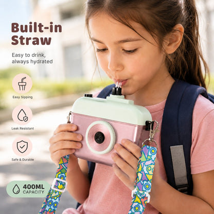 Cute Kids Camera Water Bottle with Straw Leak Resistant School Travel Bottle for Girls
