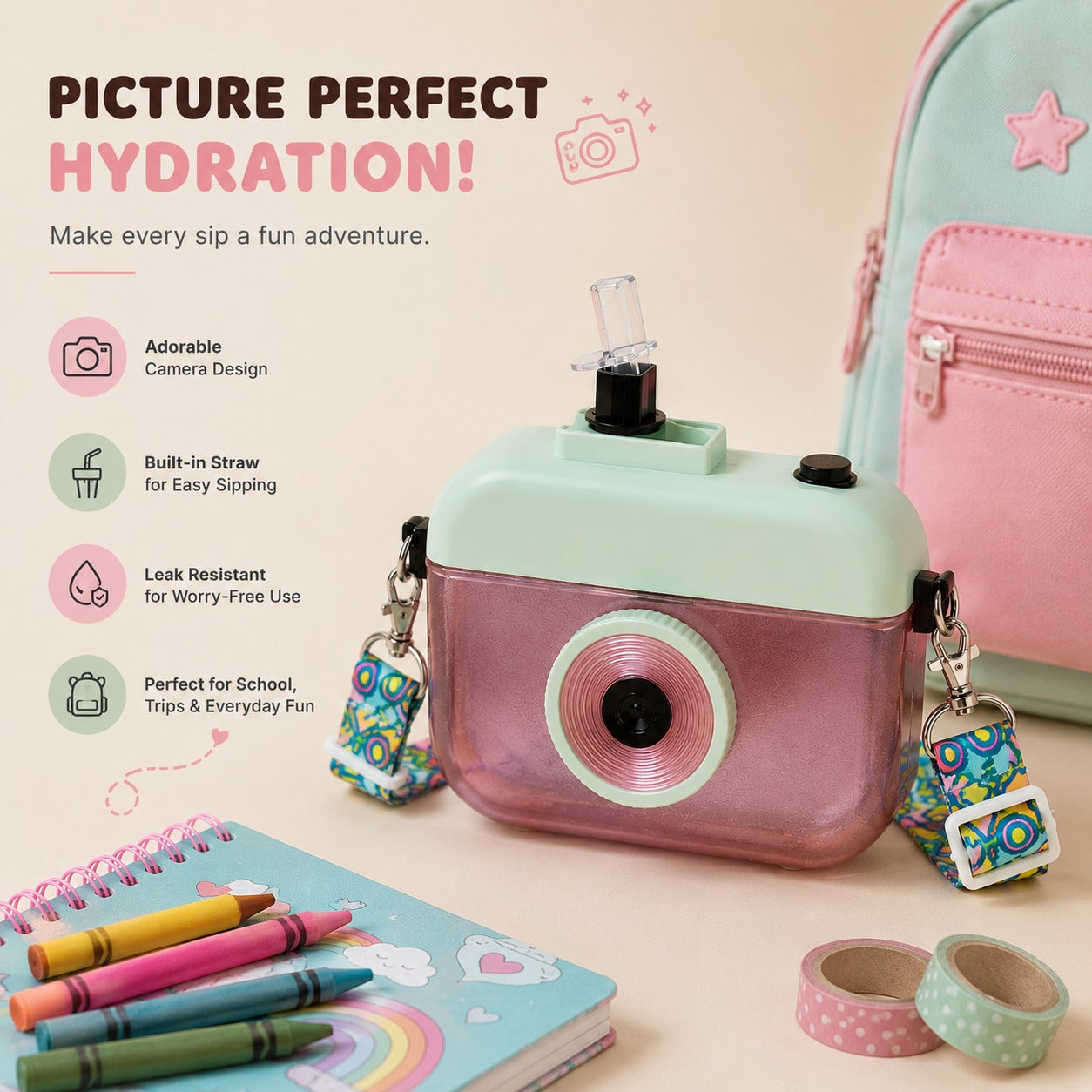 Close Up of Metallic Pink Camera Water Bottle for Kids with Premium Glossy Finish and Strap