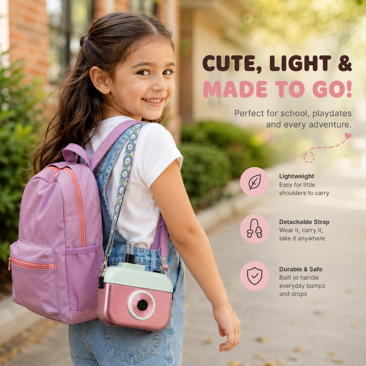 Cute Camera Shape Kids Water Bottle with Shoulder Strap Lightweight 400ML School Bottle