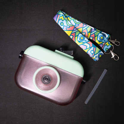 Kids Stainless Steel Camera Water Bottle with Strap and Built-in Straw for School Travel Outdoor Use