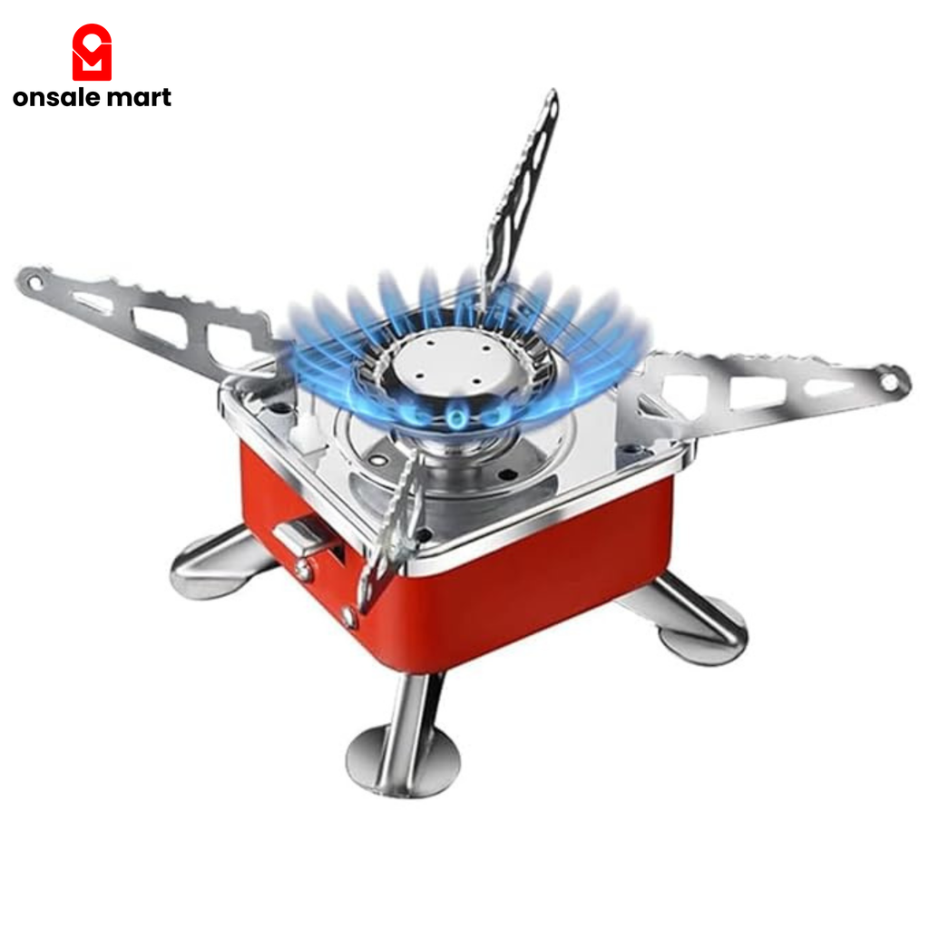 Portable camping stove with blue flame on a white background.