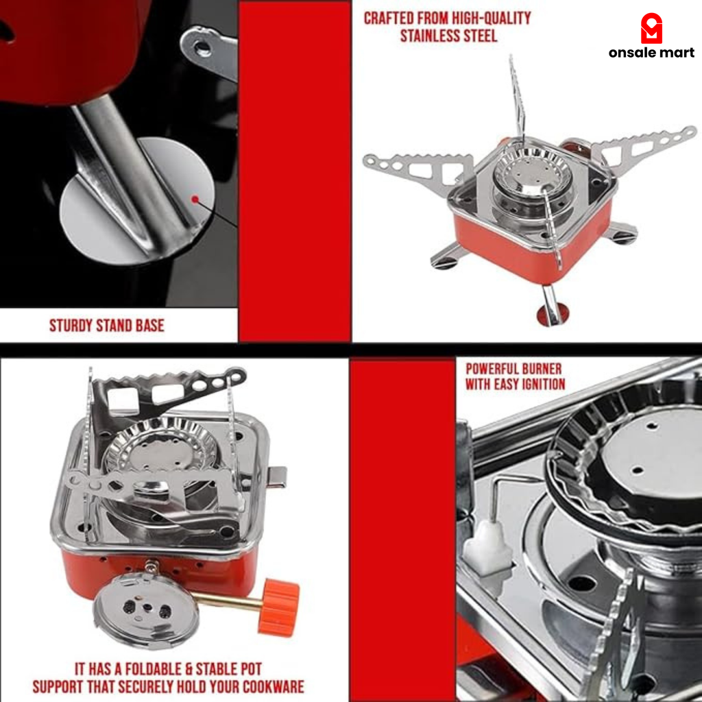 Portable stove with features highlighted on a red and black background