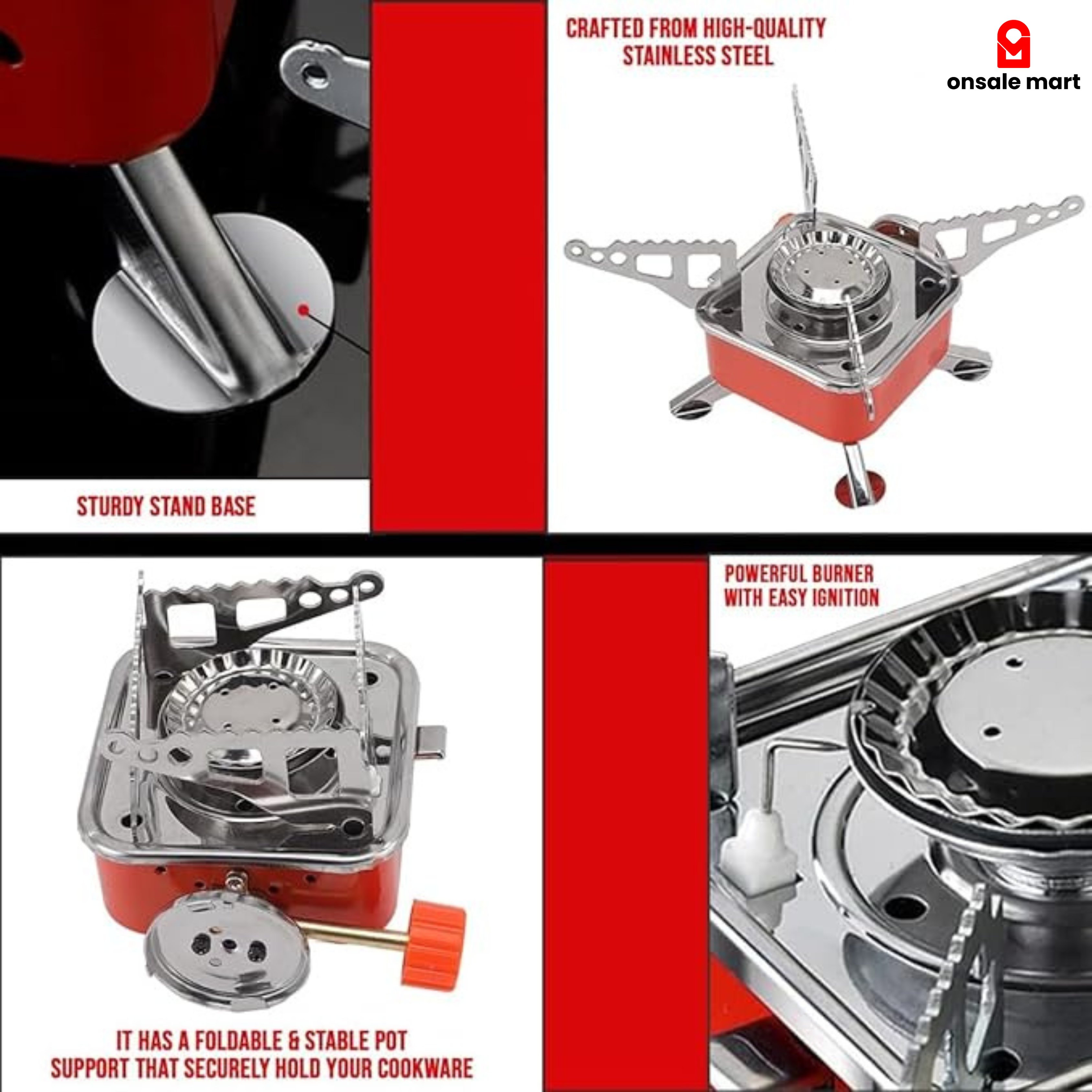 Portable stove with features highlighted on a red and black background